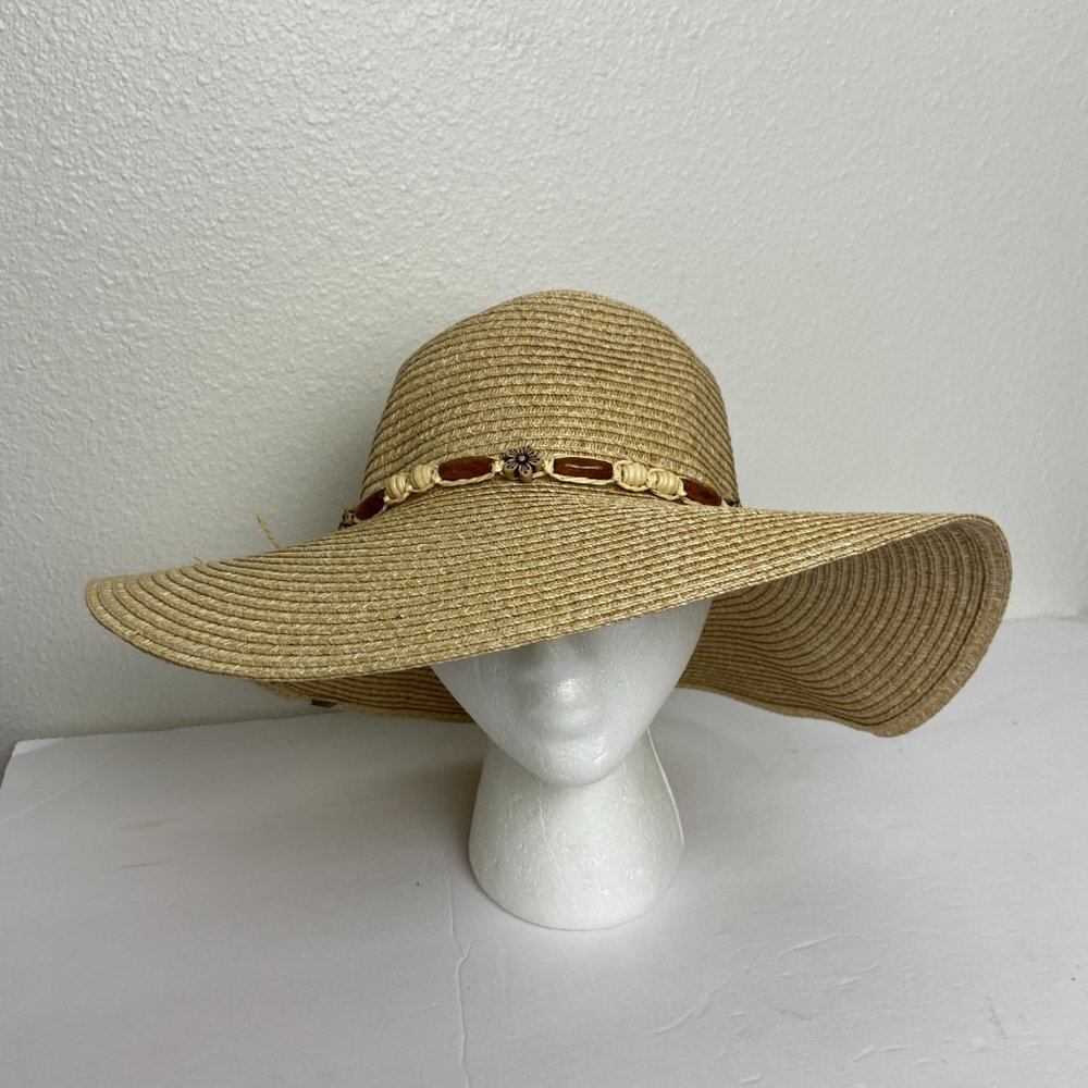 Solfish Natural Woven Sun Hat Beaded Band Trim Wide Brim